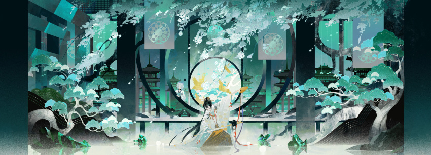 absurdres animal_ears architecture arm_up bead_curtain bird black_hair bonsai branch character_request crane_(animal) crescent_moon crystal dancing earrings east_asian_architecture fan_print flower folding_fan fox_ears full_moon gesshi_(x2mciyellrzrhg1) hair_over_one_eye hakama hand_fan highres holding holding_fan indoors japanese_clothes jewelry long_hair long_sleeves moon moon_gate night one_eye_covered onmyoji outstretched_arms pagoda peeking petals pillarboxed pom_pom_(clothes) pom_pom_earrings ponytail portrait_(object) reflective_floor ribbon_trim short_hair solo_focus squatting tree very_long_hair white_flower wide_sleeves