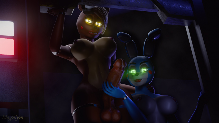 animatronic big_penis blue_body bodily_fluids bonnie_(fnaf) breasts brown_body dark_room duo five_nights_at_freddy's freddy_(fnaf) genital_fluids genitals glowing glowing_eyes green_eyes gynomorph hi_res horny_(disambiguation) humanoid intersex intersex/intersex intersex_domination machine magniym night penis precum robot robot_humanoid scottgames video_games yellow_eyes