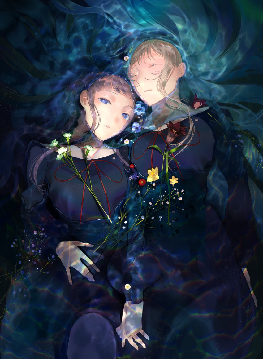 2girls black_background black_dress blue_eyes blue_flower brown_hair burial_at_sea caustics closed_eyes couple dress feet_out_of_frame flower half-closed_eyes hand_on_own_stomach hara_yuriko highres holding_hands interlocked_fingers knee_up lily_(flower) long_hair long_sleeves looking_at_viewer lying mayu_matou multiple_girls neck_ribbon official_art on_back parted_lips partially_submerged puffy_long_sleeves puffy_sleeves purple_hair red_flower red_ribbon ribbon school_uniform side-by-side very_long_hair water wavy_hair white_flower yellow_flower