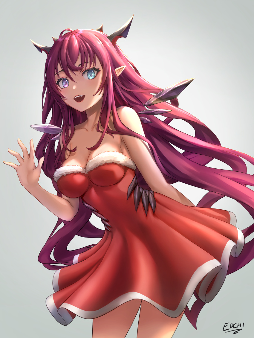 1girl absurdres bangs bare_arms bare_legs bare_shoulders christmas_dress collarbone dress edchi hand_up highres hololive hololive_english horns irys_(hololive) long_hair looking_at_viewer red_hair short_dress smile teeth very_long_hair virtual_youtuber waving wavy_hair wings