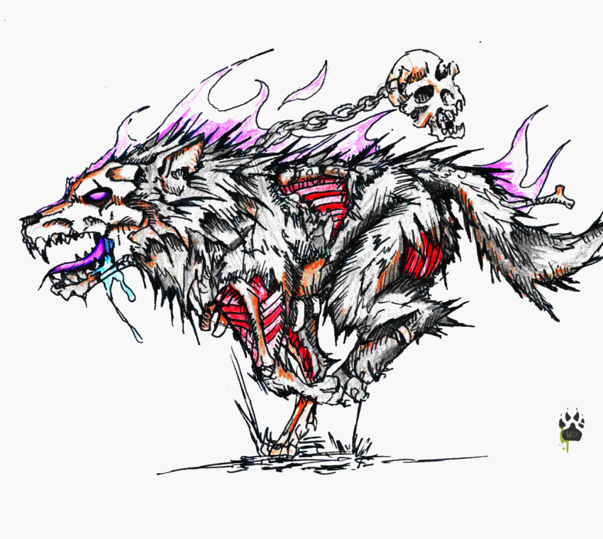 2017 ambiguous_gender bodily_fluids bone burning canid canine canis colored_fire drooling feral fire flesh fur mammal open_mouth purple_eyes purple_fire purple_tongue quadruped running saliva simple_background skull solo tongue traditional_media_(artwork) undead white_background wolf wolfdawg zombie