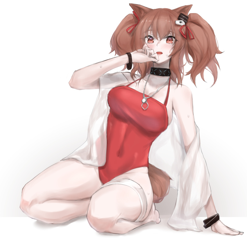 1girl absurdres angelina_(arknights) angelina_(summer_flowers)_(arknights) animal_ears arknights arm_support bare_legs barefoot blush breasts brown_hair cleavage commentary covered_navel earpiece eyebrows_visible_through_hair fox_ears fox_tail full_body hair_between_eyes hair_ribbon hand_to_own_mouth highres infection_monitor_(arknights) jewelry kneeling large_breasts looking_at_viewer medium_hair necklace official_alternate_costume one-piece_swimsuit open_mouth red_eyes red_ribbon red_swimsuit ribbon simple_background solo sweatdrop swimsuit swimsuit_cover-up tail thigh_strap twintails white_background wristband yuki_nko64