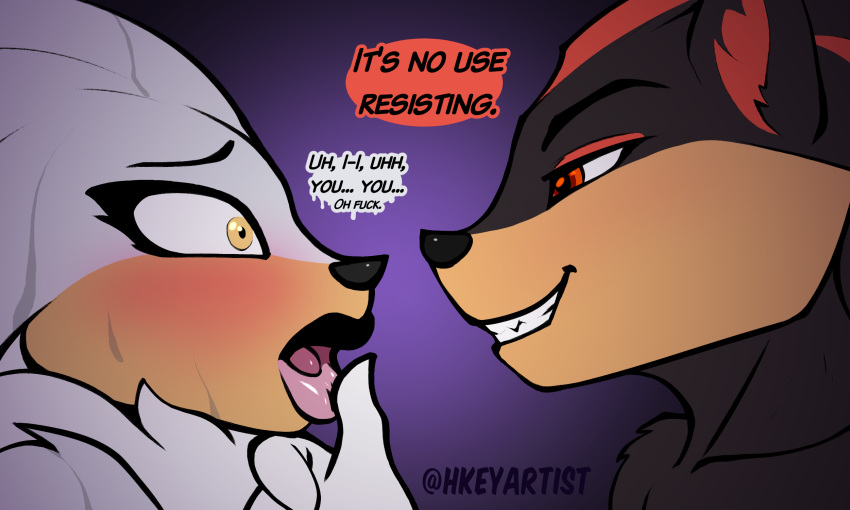 anthro blush dark_body dark_fur dominant dominant_male duo ear_tuft english_text eulipotyphlan finger_to_mouth fur girly grey_body grey_fur grin h-key hedgehog hi_res holding_chin imminent_kiss inner_ear_fluff lips male male/male mammal profanity red_eyes sega shadow_the_hedgehog silver_the_hedgehog simple_background smile sonic_the_hedgehog_(series) submissive submissive_male teeth temptation text thick_lips tuft white_body white_fur yellow_eyes