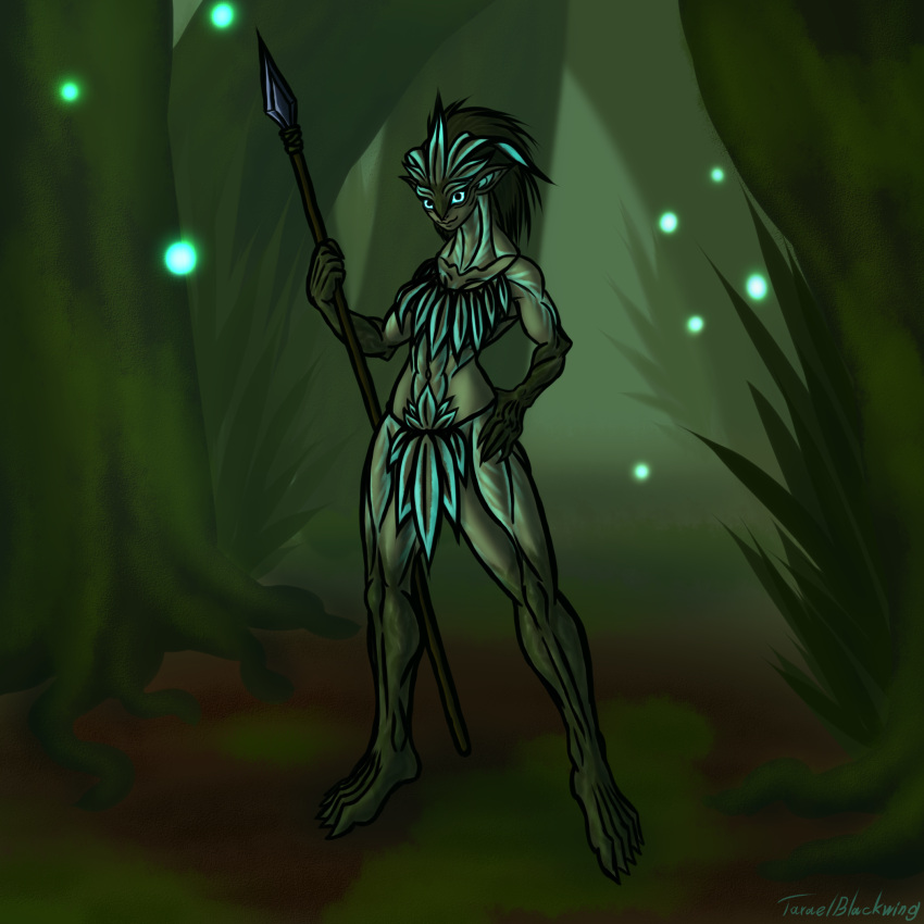 1:1 bioluminescence blue_eyes clothed clothing dryad elemental_creature elemental_humanoid female flora_fauna forest glowing glowing_eyes green_body green_skin hamokla hand_on_hip hi_res holding_object holding_weapon humanoid jungle leaf leaf_hair leaf_pubes looking_at_viewer melee_weapon muscular muscular_female navel plant plant_hair plant_humanoid polearm pseudo_hair smile solo spear standing taraelblackwing tree weapon