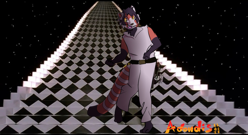adondis ailurid anthro clothed clothing dancing draw_over drawyourfursona happy hi_res male mammal red_panda smile solo stairs the_big_lebowski yellow_eyes