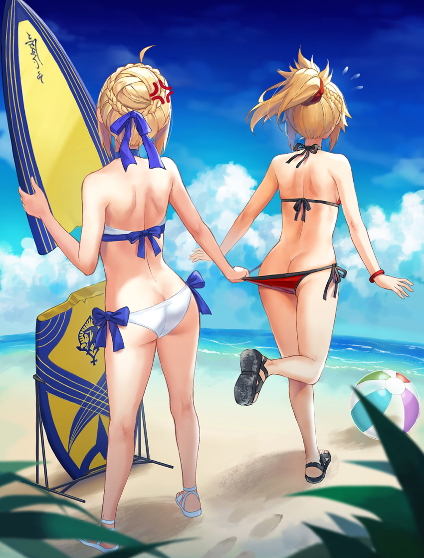 2girls ahoge anger_vein artoria_pendragon_(fate) artoria_pendragon_(swimsuit_archer)_(fate) ass back ball bare_shoulders beach beachball bikini blonde_hair braid broken butt_crack day fate/grand_order fate_(series) flying_sweatdrops full_body hair_bun halterneck highres mordred_(fate) mordred_(swimsuit_rider)_(fate) mother_and_daughter multiple_girls outdoors ponytail red_scrunchie sand sandals scrunchie side-tie_bikini sky sleeveless standing string_bikini surfboard swimsuit tonee water