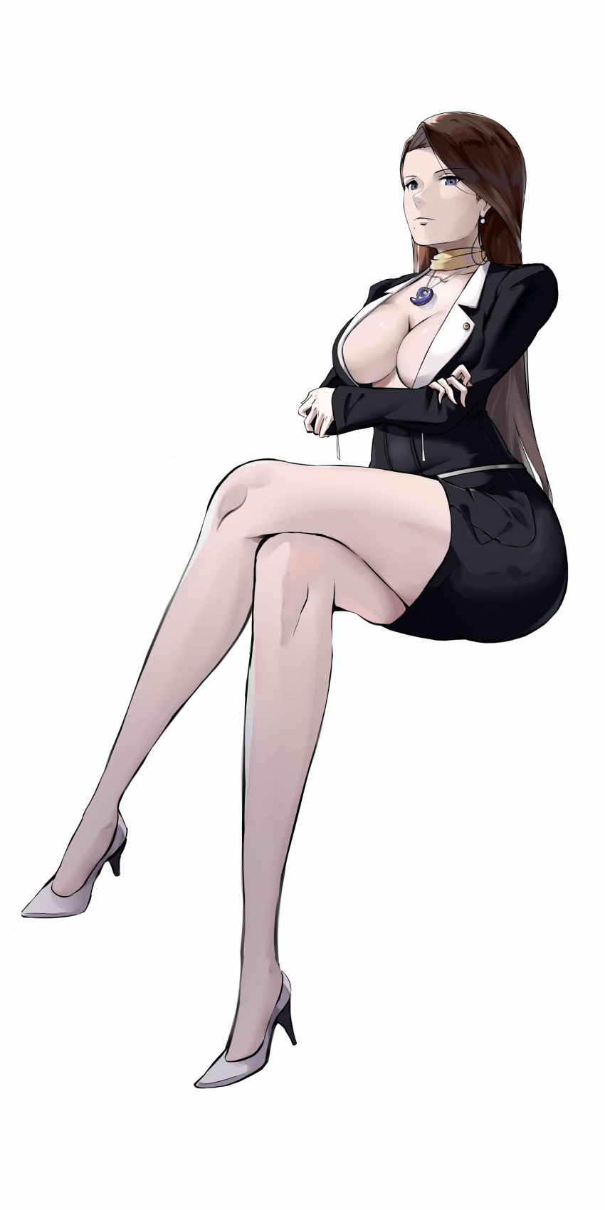 1girl 9h absurdres ace_attorney bare_legs blazer breasts brown_hair chinese_commentary choker cleavage closed_mouth crossed_arms crossed_legs earrings expressionless floating forehead formal full_body grey_eyes high_heels highres jacket jewelry knees_together_feet_apart large_breasts legs long_hair looking_at_viewer mia_fey mole mole_under_mouth necklace open_clothes open_jacket open_shirt simple_background sitting skirt solo suit thighs white_background white_footwear