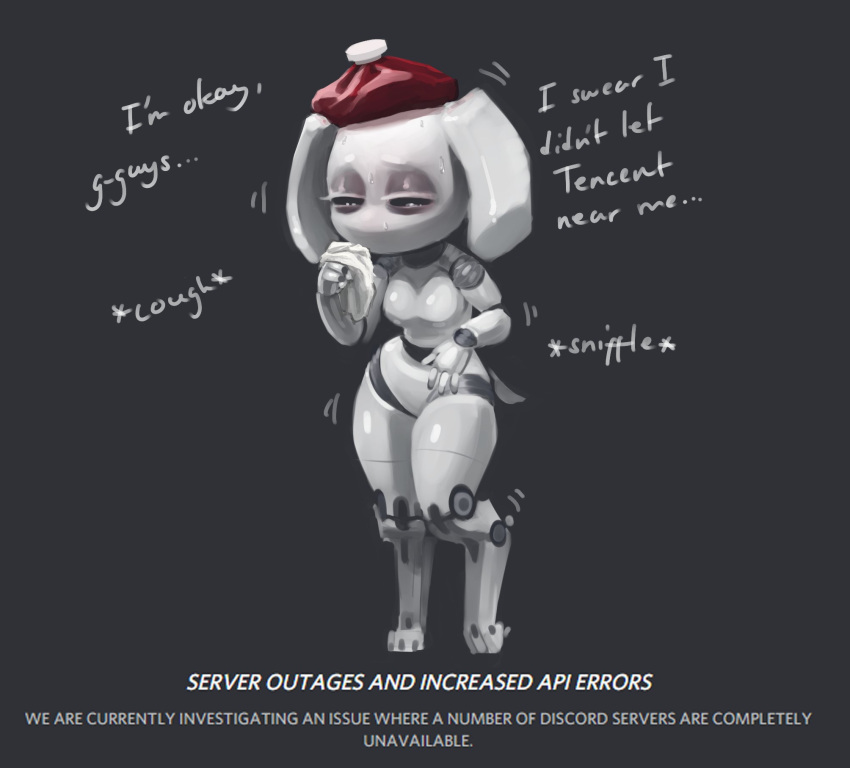 anthro bodily_fluids breasts clyde_(discord) cough coughing discord_(app) english_text female hi_res icepack ill machine mammal napalm_express robot shaking shivering sniffling solo sweat text thick_thighs tissue wide_hips