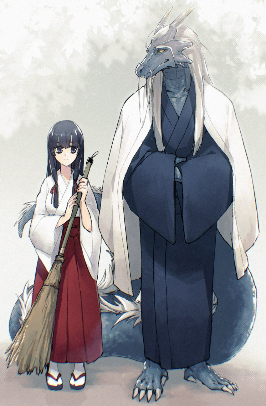 age_difference anthro asian_clothing barefoot breasts broom claws cleaning_tool clothed clothing dragon duo east_asian_clothing feet female fully_clothed hair hi_res human japanese_clothing jinnai kemono kimono male male/female mammal mature_anthro mature_male old size_difference smile