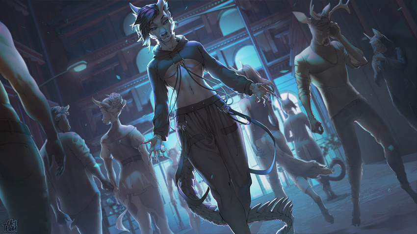 anthro antlers breasts canid canine canis cervid clothed clothing detailed_background domestic_dog female horn hybrid looking_at_viewer mammal night okithau outside smile