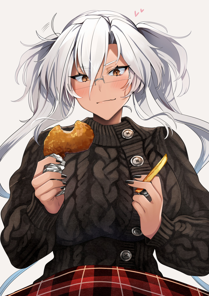 1girl absurdres alternate_costume black_nails black_sweater breasts brown_eyes dark-skinned_female dark_skin food glasses grey-framed_eyewear highres holding holding_food kantai_collection large_breasts long_hair long_sleeves musashi_(kancolle) rectangular_eyewear remodel_(kantai_collection) semi-rimless_eyewear solo sweater turkey_(food) turkey_leg twintails upper_body white_hair yunamaro