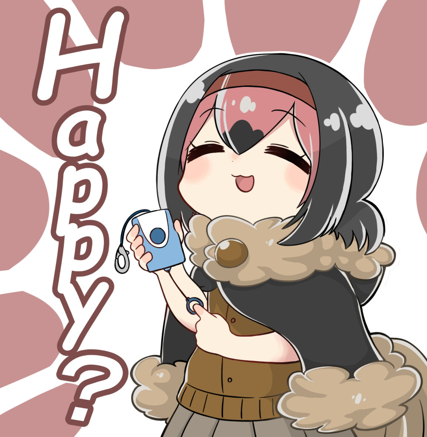 1girl :d bird_tail brown_hair brown_sweater chibi closed_eyes commentary_request dodo_(kemono_friends) english_text eyebrows_visible_through_hair fur_collar fur_trim grey_skirt hair_ornament hairband highres hood hood_down kemono_friends multicolored_hair notora open_mouth pink_hair pink_hairband pleated_skirt poncho simple_background skirt sleeveless smile solo sweater tail