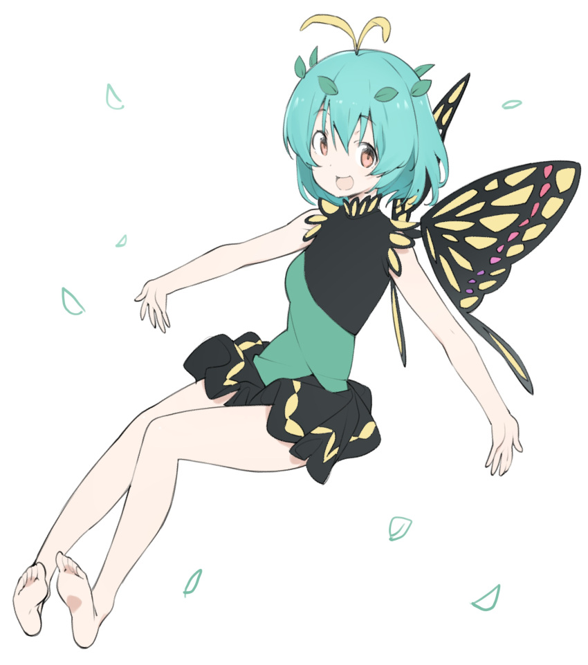 1girl absurdres adapted_costume antennae aqua_hair bare_legs barefoot black_dress brown_eyes butterfly_wings detached_wings dress eternity_larva eyebrows_visible_through_hair fairy full_body green_dress hair_between_eyes highres kt_kkz leaf leaf_on_head multicolored_clothes multicolored_dress open_mouth short_hair simple_background single_strap smile solo touhou white_background wings