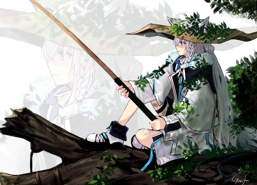 1girl absurdres ahoge animal_ears bangs blue_eyes braid brown_headwear commentary_request ears_through_headwear fishing_rod fox_ears fox_girl fox_tail from_side grey_hair gurifu hair_between_eyes highres holding holding_fishing_rod hololive in_tree jacket knee_up long_hair long_sleeves looking_away profile shirakami_fubuki shoes signature sleeves_past_wrists solo tail tree very_long_hair virtual_youtuber white_footwear white_jacket wide_sleeves