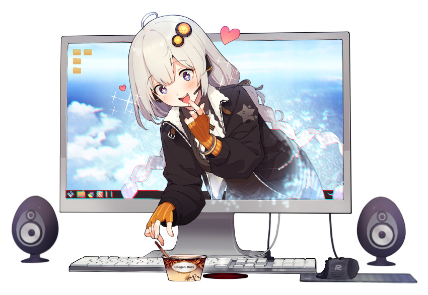 1girl absurdres ahoge black_coat black_dress blue_eyes braid brand_name_imitation cable cloud cloudy_sky coat commentary_request desktop dress drooling elbow_gloves finger_to_mouth fingerless_gloves food gloves haagen-dazs hair_ornament heart highres ice_cream ice_cream_cup ice_cream_spoon keyboard_(computer) kizuna_akari leaning_forward lid light_blush long_hair looking_down monitor mouse_(computer) mousepad_(object) mouth_drool open_mouth orange_gloves shirinda_fureiru silver_hair sky smile sparkle sparkling_eyes speaker spoon star_(symbol) star_print through_screen twin_braids upper_body vocaloid voiceroid white_background wristband