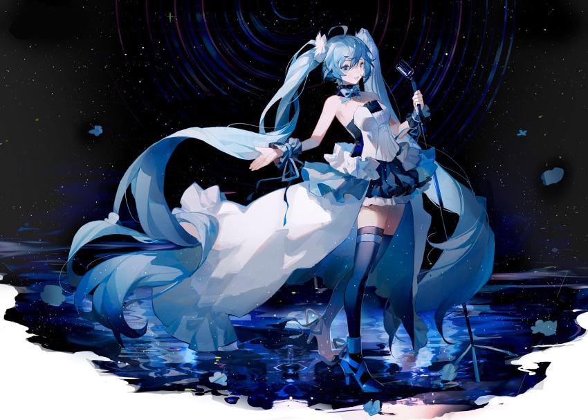 1girl absurdly_long_hair ahoge bare_shoulders blue_bow blue_eyes blue_flower blue_footwear blue_legwear blue_neckwear blue_ribbon blue_skirt blue_theme bow dress flower frilled_neckwear frills hair_between_eyes hatsune_miku heart high_heels highres holding holding_microphone_stand kikihuihui light_blue_eyes light_blue_hair long_hair microphone microphone_stand off_shoulder open_mouth petals reflection ribbon skirt smile solo space star_(sky) thigh_strap thighhighs twintails very_long_hair vocaloid water white_dress