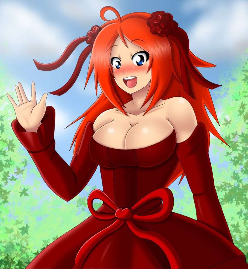 blue_eyes blush bocodamondo breasts dress epic_battle_fantasy highres huge_breasts natalie_(epic_battle_fantasy) open_mouth orange_hair red_dress red_ribbon ribbon simple_background smile waving