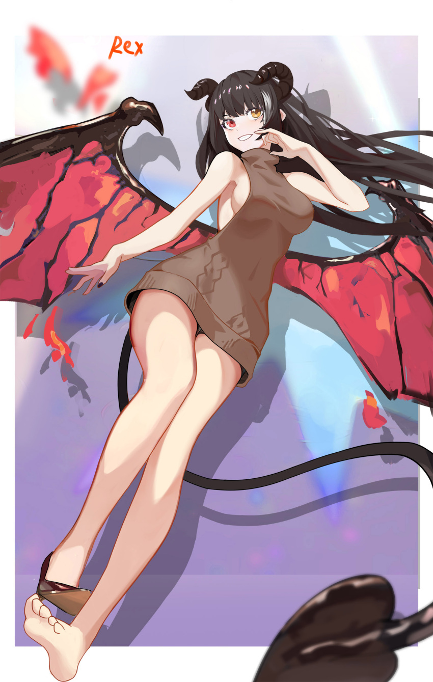 1girl absurdres arm_up artist_name bangs bare_legs barefoot black_hair black_nails breasts brown_footwear brown_sweater_vest demon_horns demon_tail demon_wings eyebrows_visible_through_hair full_body girls'_frontline heterochromia highres horns legs long_hair looking_at_viewer medium_breasts multicolored_hair nail_polish open_mouth red_eyes regenerate-x ro635_(girls'_frontline) shoes sideboob simple_background single_shoe soles solo sweater_vest tail wings yellow_eyes