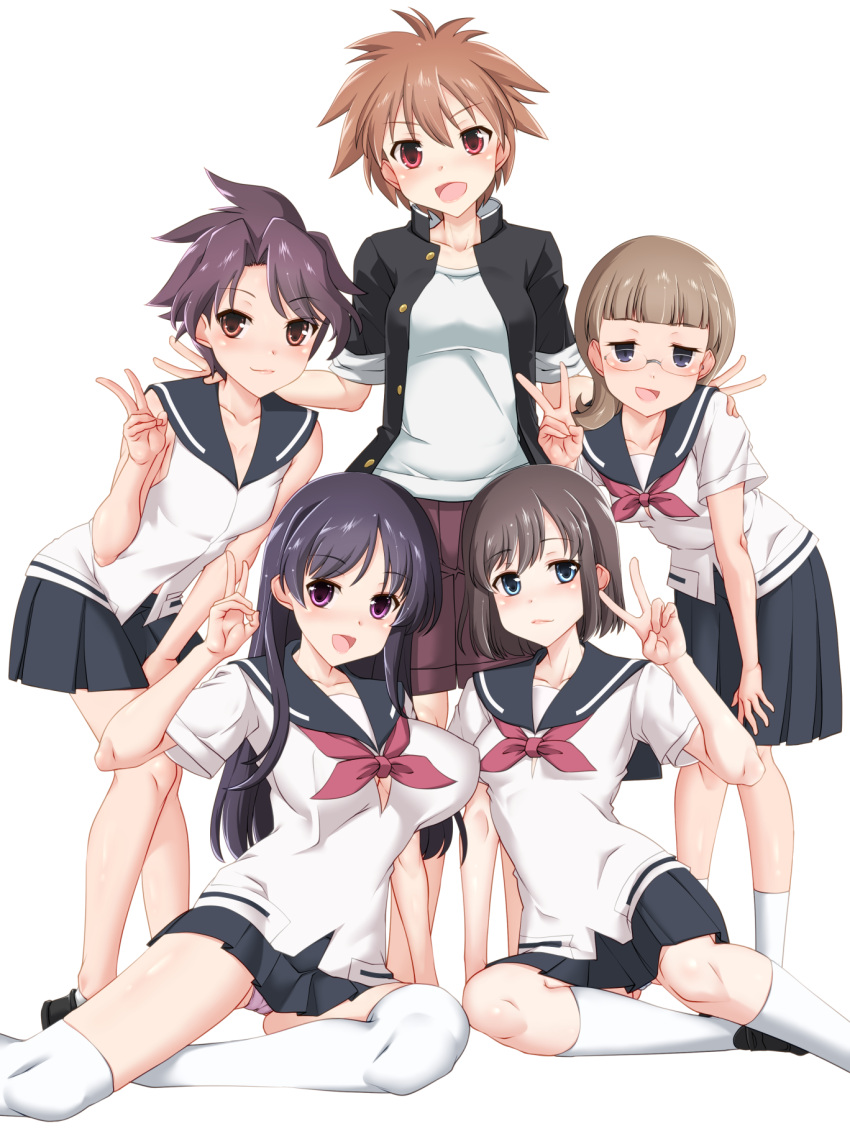 5girls bangs black_hair black_jacket black_sailor_collar black_skirt blouse blue_eyes blue_panties blunt_bangs blush brown_hair brown_shorts closed_mouth commentary double_v eguchi_sera eyebrows_visible_through_hair funakubo_hiroko gakuran highres jacket leaning_forward long_hair looking_at_viewer medium_hair miniskirt multiple_girls neckerchief nijou_izumi onjouji_toki open_clothes open_jacket open_mouth panties pantyshot pleated_skirt pose purple_eyes red-framed_eyewear red_eyes sailor_collar saki saki_achiga-hen school_uniform semi-rimless_eyewear senriyama_school_uniform serafuku seushiki_(ponti-ron) shimizudani_ryuuka shirt short_hair short_sleeves shorts side-by-side simple_background sitting skirt sleeves_rolled_up smile socks standing tomboy under-rim_eyewear underwear v white_background white_blouse white_legwear white_shirt yokozuwari