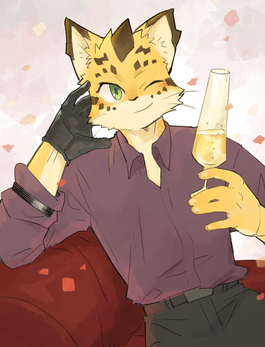 absurd_res alcohol anthro beverage blush champagne champagne_glass clothing felid flower_petals furniture green_eyes hi_res leopard lifewonders male mammal one_eye_closed ose_(tas) pantherine petals purple_clothing purple_shirt purple_topwear rose_petals shirt sitting sofa solo syukapong tokyo_afterschool_summoners topwear video_games wink young
