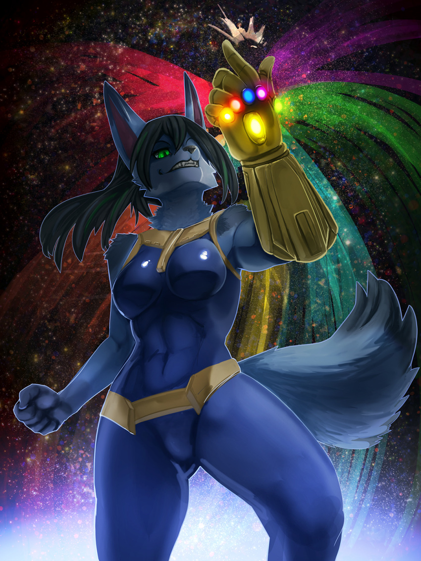 3:4 anthro black_hair blue_body blue_fur canid clenched_hands clothing corablue_(character) cosplay dipstick_tail female fur general-irrelevant green_eyes hair hi_res infinity_gauntlet mammal markings marvel sharp_teeth smile snap solo tail_markings teeth thanos tight_clothing