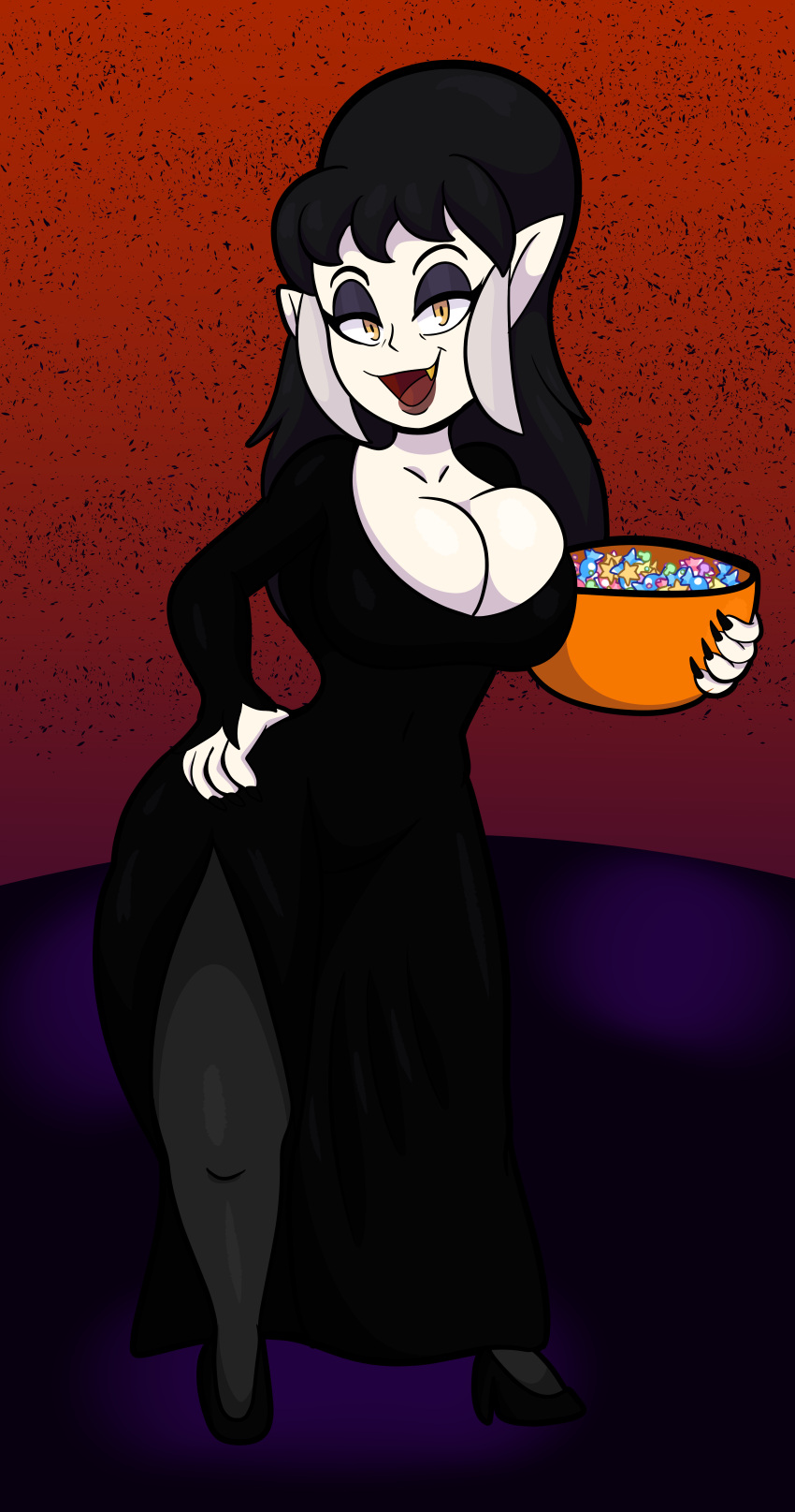 2021 4k absurd_res big_breasts black_hair breast_squish breasts candy cleavage cleavage_overflow clothed clothing cosplay curvy_figure dessert digital_media_(artwork) disney dress eda_clawthorne elvira elvira:_mistress_of_the_dark eyelashes eyeshadow female fingers food hair halloween hand_on_hip hi_res high_heels holidays hourglass_figure huge_breasts humanoid humanoid_pointy_ears long_hair looking_at_viewer makeup not_furry orange_eyes simple_background smile solo someth1ngoranother squish standing teeth the_owl_house thick_thighs tongue voluptuous white_body white_skin wide_hips witch_(the_owl_house)