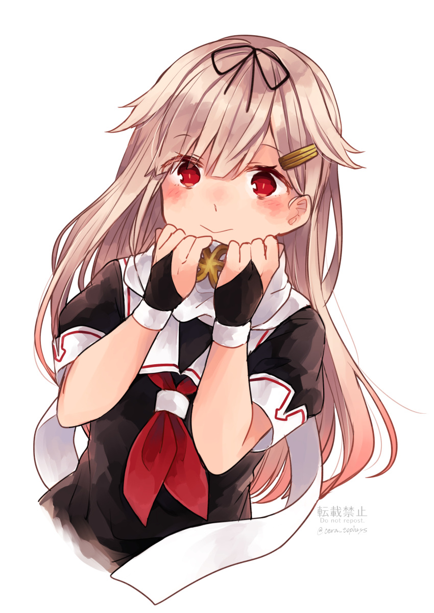 1girl absurdres amot_211 black_gloves black_ribbon black_serafuku black_shirt blonde_hair fingerless_gloves gloves gradient_hair hair_flaps hair_ornament hair_ribbon hairclip highres kantai_collection long_hair multicolored_hair neckerchief pink_hair red_eyes red_neckerchief remodel_(kantai_collection) ribbon scarf school_uniform serafuku shirt short_sleeves solo upper_body very_long_hair white_scarf yuudachi_(kancolle)