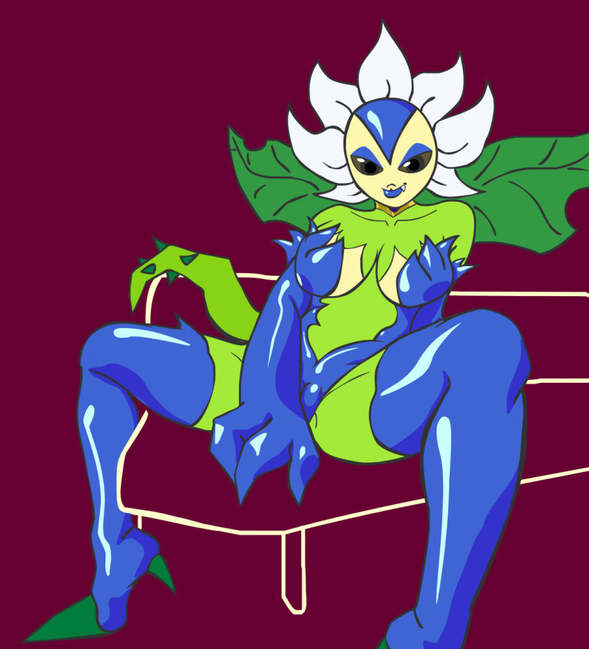 anonymous_artist anthro bandai_namco bedroom_eyes big_breasts breasts camel_toe clothed clothing curvy_figure cute_fangs digimon digimon_(species) digital_drawing_(artwork) digital_media_(artwork) elemental_creature elemental_humanoid female flora_fauna flower hi_res humanoid looking_at_viewer narrowed_eyes not_furry plant plant_humanoid seductive simple_background sitting smile solo spread_legs spreading sunflower sunflowmon tagme thick_thighs voluptuous wide_hips