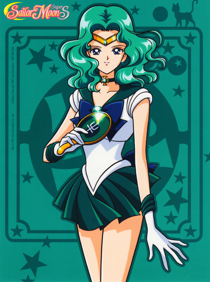 1girl aqua_background aqua_eyes aqua_hair aqua_skirt aqua_theme bishoujo_senshi_sailor_moon choker copyright_name cowboy_shot earrings gloves highres holding jewelry kaiou_michiru leotard looking_at_viewer medium_hair miniskirt neptune_symbol official_art pleated_skirt sailor_neptune sailor_senshi skirt smile solo starry_background stud_earrings tiara wavy_hair