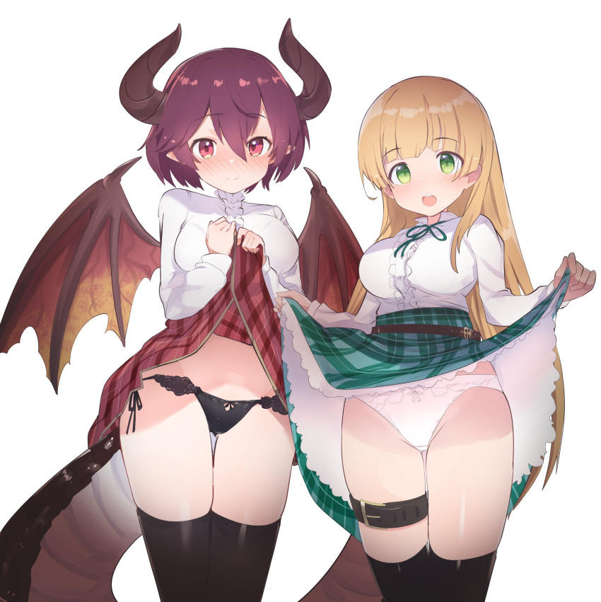 2girls anne_(shingeki_no_bahamut) black_legwear black_panties blush breasts caburi closed_mouth clothes_lift dragon_horns dragon_tail dragon_wings english_commentary eyebrows_visible_through_hair frilled_skirt frills grea_(shingeki_no_bahamut) hair_between_eyes highres horns large_breasts lifted_by_self long_hair long_sleeves looking_at_viewer multiple_girls neck_ribbon open_mouth panties pink_hair plaid plaid_skirt purple_hair red_eyes red_skirt ribbon shingeki_no_bahamut shirt short_hair side-tie_panties simple_background skirt skirt_lift tail thigh_strap thighhighs underwear very_long_hair white_background white_panties white_shirt wings