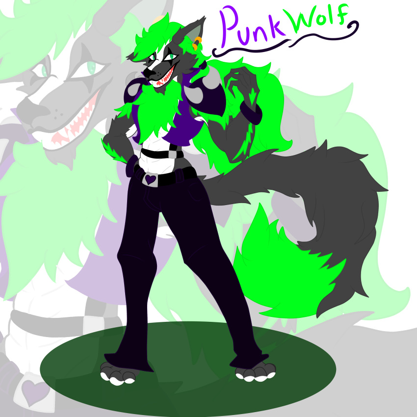 abs absurd_res ambiguous_gender anthro canid canine canis clothing cyberpunk dyed-hair dyed_fur hi_res line_art mammal punk sfw solo wolf