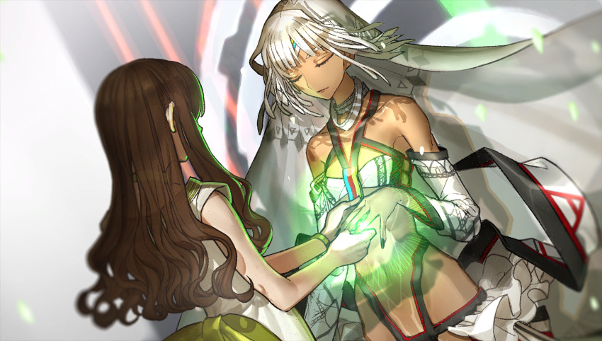 2girls altera_(fate) back bare_shoulders black_nails bow brown_hair choker closed_eyes closed_mouth dark-skinned_female dark_skin dress fate/extella fate/extra fate_(series) game_cg glowing green_bow highres holding_hands kishinami_hakuno_(female) long_hair looking_at_another multiple_girls non-web_source official_art photoshop_(medium) shadow silver_hair standing veil wada_arco wavy_hair white_dress white_hair