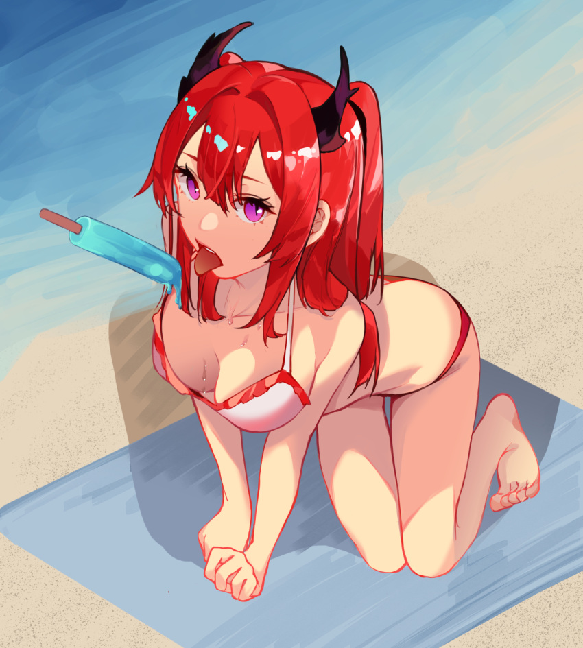 1girl arknights bangs barefoot beach bikini breasts cleavage eyebrows_visible_through_hair food full_body hair_ornament hairclip hands_on_floor highres horns ice_cream kneeling legs long_hair looking_at_viewer medium_breasts open_mouth purple_eyes red_hair sand solo surtr_(arknights) sweat swimsuit talnory tongue tongue_out twintails water white_bikini white_swimsuit