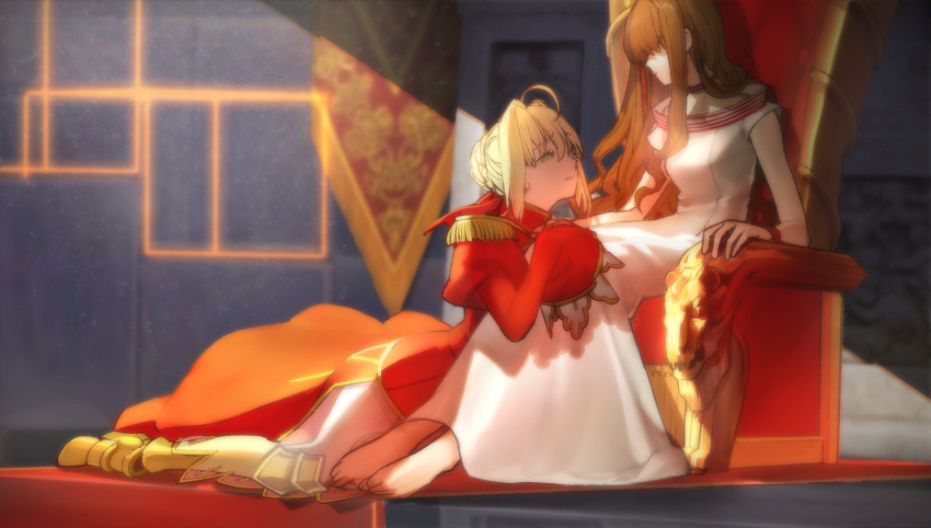 2girls ahoge arm_rest armor armored_boots bangs barefoot blonde_hair boots braid braided_bun breasts brown_hair carpet dark dress epaulettes eyebrows_visible_through_hair fate/extella fate/extra fate_(series) game_cg green_eyes hair_bun hair_intakes hair_over_eyes half-closed_eyes hand_on_another's_leg highres indoors juliet_sleeves kishinami_hakuno_(female) leaning_on_person light_smile long_hair long_sleeves looking_at_another medium_breasts multiple_girls nero_claudius_(fate) nero_claudius_(fate/extra) non-web_source official_art on_floor outstretched_leg pauldrons photoshop_(medium) puffy_sleeves red_dress red_ribbon ribbon sad sad_smile short_sleeves shoulder_armor sitting spoilers throne wada_arco white_dress wide_sleeves wrist_cuffs yokozuwari