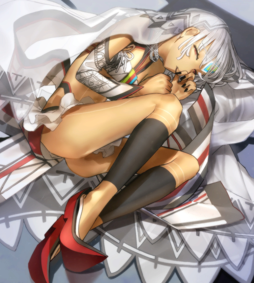 1girl altera_(fate) altera_larva_(fate) black_nails closed_mouth dark-skinned_female dark_skin detached_sleeves fate/extella fate/extra fate_(series) full_body game_cg half-closed_eyes highres legs lying non-web_source official_art on_ground photoshop_(medium) red_eyes red_footwear silver_hair sleeping solo thighhighs veil wada_arco white_hair
