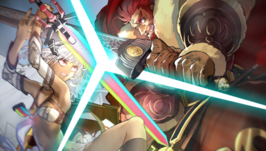 1boy 1girl altera_(fate) bra cape crossed_swords dark-skinned_female dark-skinned_male dark_skin detached_sleeves duel facial_hair fate/extella fate/extra fate_(series) fur_trim game_cg highres iskandar_(fate) kneeling long_sword looking_at_another non-web_source official_art photon_ray_(fate) photoshop_(medium) red_cape red_eyes red_hair sword teeth thighhighs underwear veil wada_arco weapon white_hair