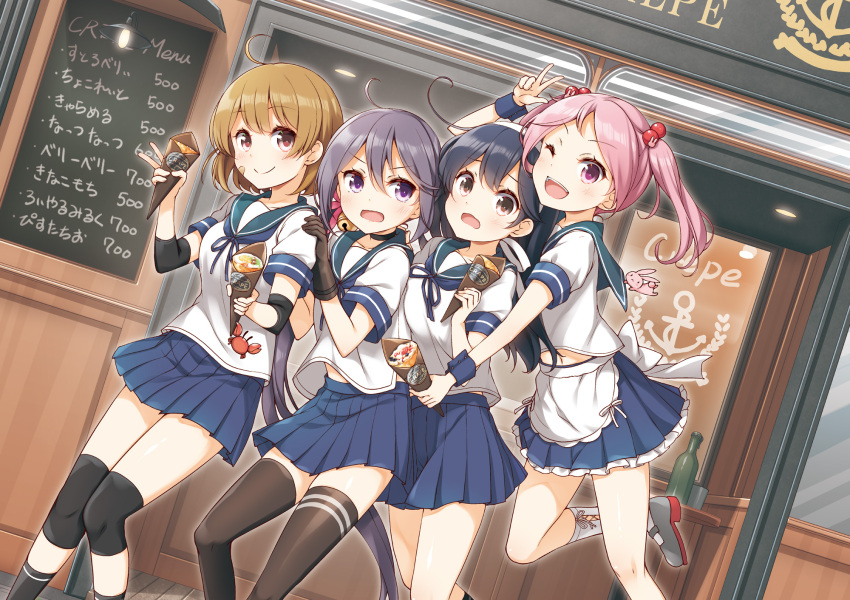 2others 4girls ;d ahoge akebono_(kancolle) animal bandaid bandaid_on_face bell black_hair black_legwear blue_sailor_collar blue_skirt brown_eyes brown_gloves bunny closed_mouth crab crepe eyebrows_visible_through_hair flower food gloves hair_bell hair_between_eyes hair_bobbles hair_flower hair_ornament highres holding holding_food jingle_bell kantai_collection kneehighs light_brown_hair long_hair multiple_girls multiple_others oboro_(kancolle) one_eye_closed open_mouth pet pink_eyes pink_flower pink_hair pleated_skirt purple_eyes purple_hair remodel_(kantai_collection) sailor_collar sazanami_(kancolle) school_uniform serafuku short_hair short_sleeves side_ponytail skirt smile thighhighs twintails ushio_(kancolle) v white_legwear yume_no_owari