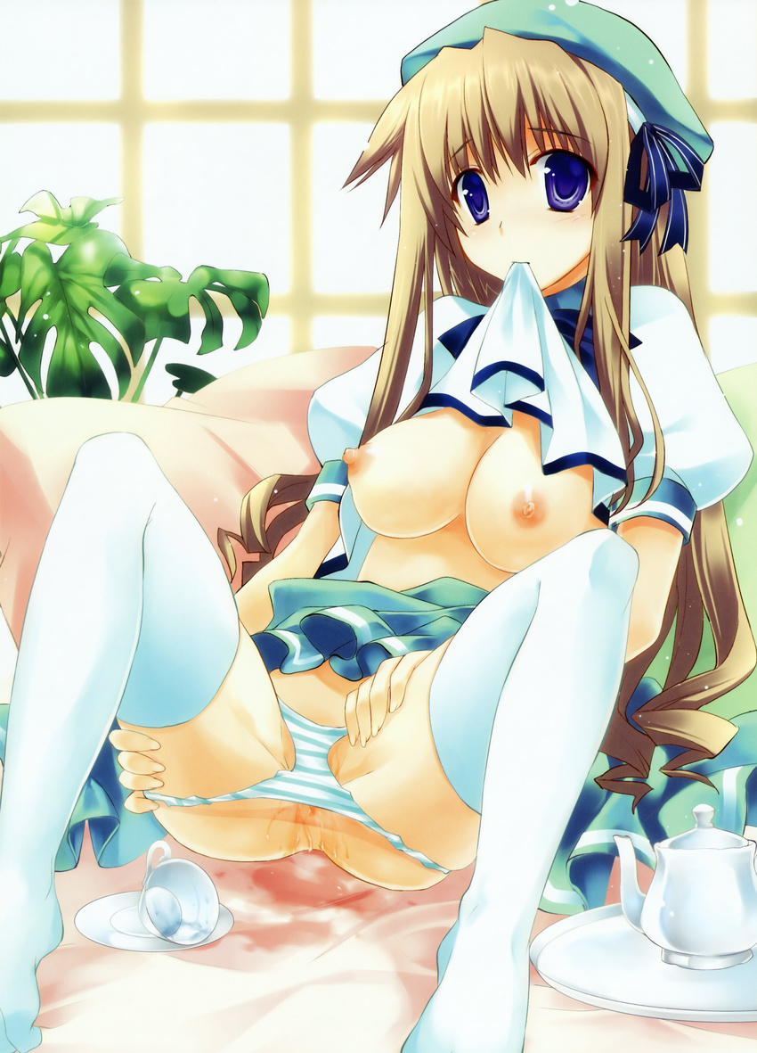 absurdres ariko_youichi blue_eyes blush breasts brown_hair copyright_request cup hat highres large_breasts long_hair mouth_hold nipples panties shirt_lift sitting solo striped striped_panties tea teacup thighhighs underwear