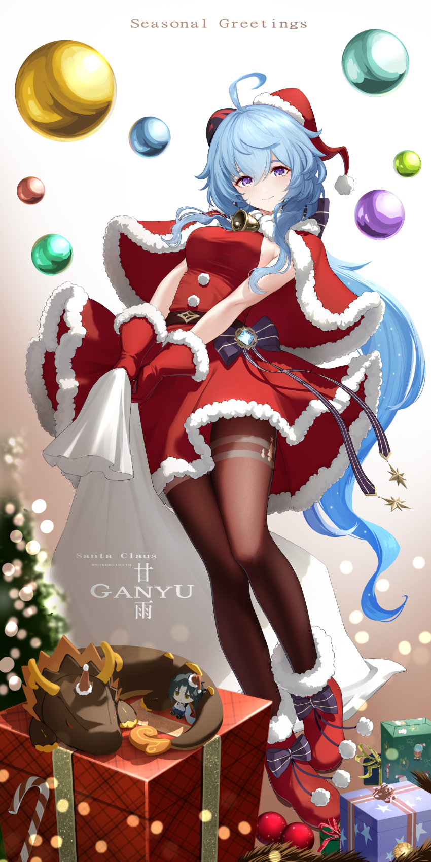 1girl absurdres ahoge alternate_costume bag bell black_legwear blue_hair bow box breasts character_name christmas christmas_ornaments christmas_present christmas_tree closed_mouth english_text full_body ganyu_(genshin_impact) genshin_impact gift gift_box gift_wrapping gloves hat highres holding holding_bag horns jingle_bell kokuusinsin long_hair looking_at_viewer medium_breasts pantyhose purple_eyes red_footwear red_gloves rex_lapis_(genshin_impact) santa_costume santa_gloves santa_hat solo stuffed_toy very_long_hair waist_bow xiao_(genshin_impact)