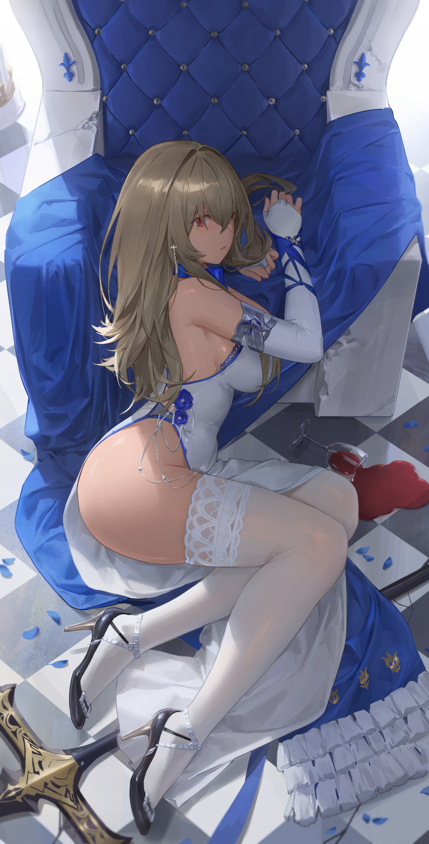 1girl absurdres alcohol azur_lane blue_petals breasts bridal_gauntlets cup dress drinking_glass earrings free_style_(yohan1754) full_body grey_hair high_heels highres jewelry large_breasts light_brown_hair long_hair looking_at_viewer lying mole mole_under_eye on_side parted_lips red_eyes saint-louis_(azur_lane) saint-louis_(holy_knight's_resplendence)_(azur_lane) side_slit solo spill sword thighhighs thighs throne weapon white_dress white_legwear wine wine_glass