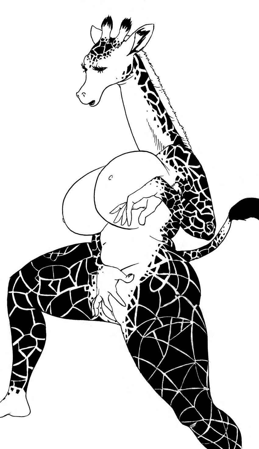 absurd_res anthro big_breasts biped black_and_white breasts eyelashes female fingering fingering_self genitals giraffe giraffid hi_res huge_breasts mammal masturbation monochrome nipples pussy realius simple_background slightly_chubby solo standing thick_thighs traditional_media_(artwork) vaginal vaginal_fingering vaginal_masturbation