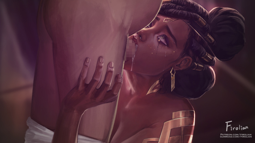 1boy 1girl arcane:_league_of_legends artist_name ass bangs breasts brown_eyes brown_hair censored clothes_pull collarbone commentary dark-skinned_female dark_skin earrings fellatio firolian hair_ornament highres irrumatio jewelry large_breasts league_of_legends lower_body mel_medarda mosaic_censoring oral pants pants_pull penis shiny shiny_skin tears upper_body web_address
