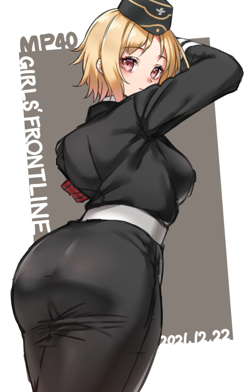 1girl armband ass black_headwear black_jacket black_skirt blonde_hair character_name copyright_name dated from_behind garrison_cap girls'_frontline hat highres jacket looking_at_viewer military military_hat military_jacket military_uniform mp40_(girls'_frontline) pencil_skirt red_armband short_hair skirt smile solo toryu_fufu uniform wehrmacht yellow_eyes