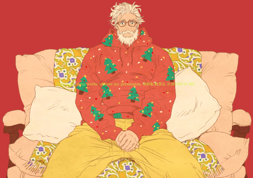 1boy bara beard christmas christmas_tree_print facial_hair feet_out_of_frame glasses goatee i_reibun large_pectorals looking_at_viewer male_focus mature_male messy_hair muscular muscular_male mustache old old_man orange_goodie original pants pectorals pillow red-framed_eyewear short_hair sitting solo thick_thighs thighs tree_print white_hair yellow_pants