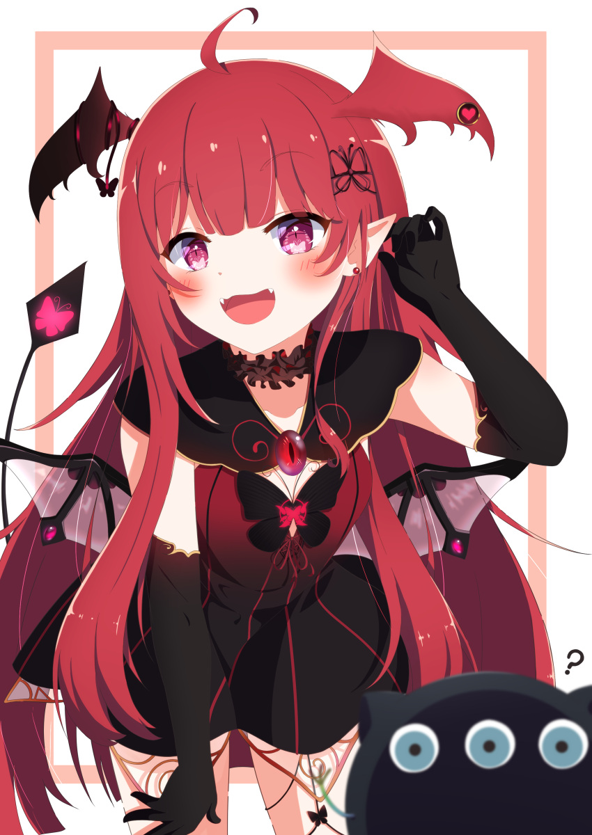 1girl absurdres ahoge araka_luto bangs black_gloves blunt_bangs bug butterfly butterfly_ornament choker demon_girl demon_horns demon_tail demon_wings elbow_gloves fangs flat_chest frilled_choker frills fukurou_(hukurou) gloves hair_between_eyes head_wings highres horns long_hair pointy_ears prism_project red_eyes red_hair tail virtual_youtuber wings