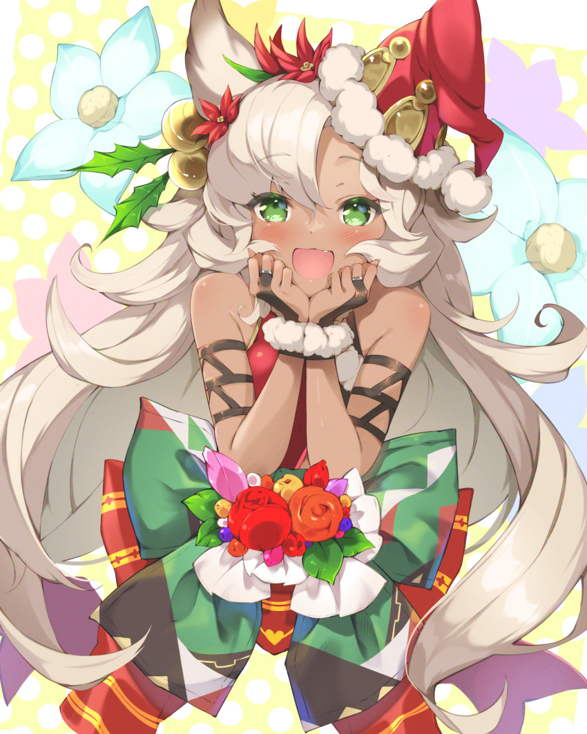 1girl animal_ears bow bridal_gauntlets christmas dark-skinned_female dark_skin erune fang flower granblue_fantasy green_eyes grey_hair hands_on_own_face hat highres long_hair nemone pilokey polka_dot polka_dot_background santa_hat