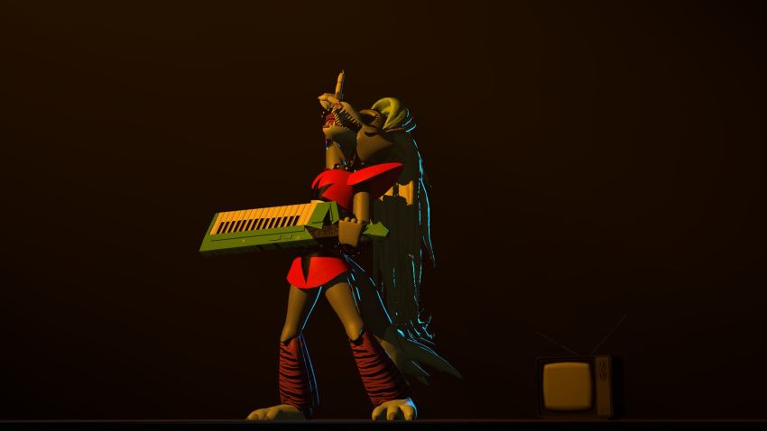 3d_(artwork) animatronic anthro canid canine canis digital_media_(artwork) female female/female five_nights_at_freddy's five_nights_at_freddy's:_security_breach hair hi_res machine mammal musical_instrument photolol.03 pose robot roxanne_wolf_(fnaf) scottgames solo source_filmmaker television trash video_games wolf