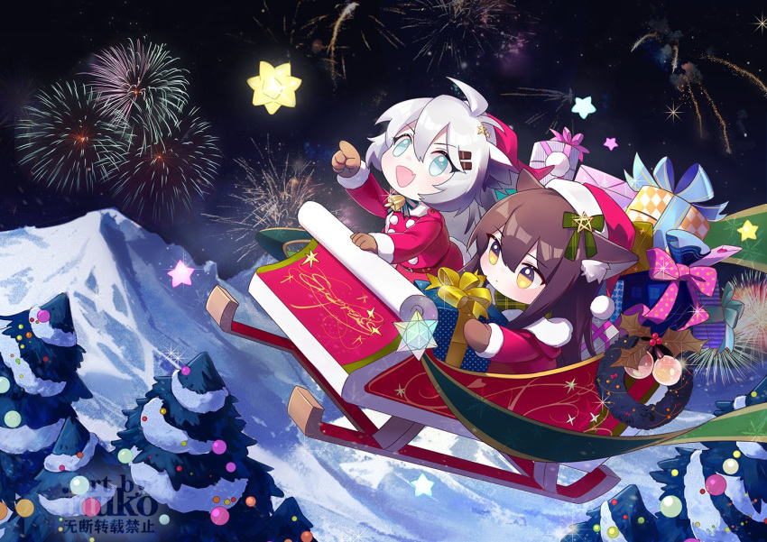 2girls :d animal_ear_fluff animal_ears antenna_hair arknights artist_name bell belt blue_eyes blush bobblehat bow box brown_gloves brown_hair brown_mittens chibi christmas_tree dress fang fireworks fur-trimmed_sleeves fur_trim gift gift_box gloves green_bow hair_bow hair_ornament hat holding holding_gift holly lappland_(arknights) long_hair mountain multiple_girls neck_bell night night_sky outdoors pointing red_dress red_headwear santa_costume santa_dress santa_hat silver_hair sitting skin_fang sky smile star_(symbol) star_hair_ornament texas_(arknights) very_long_hair wolf_ears wreath yellow_eyes zhaitengjingcang