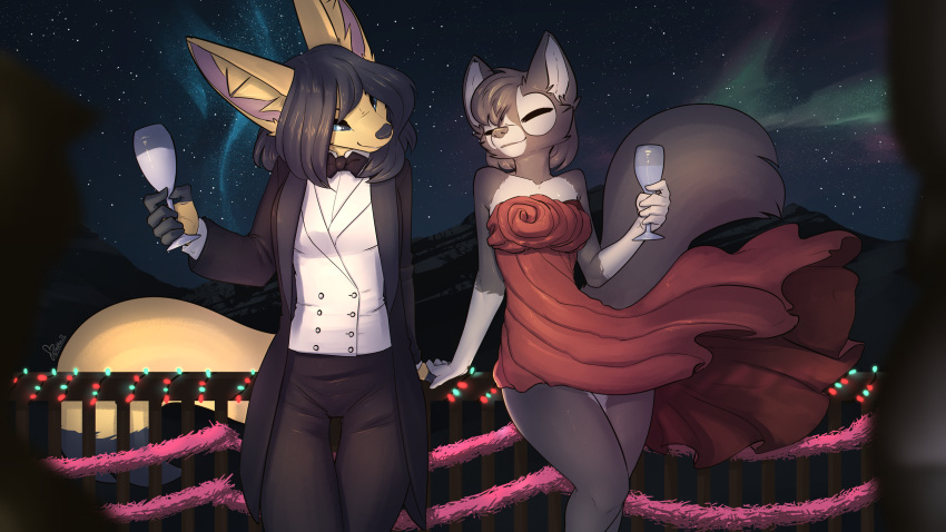 aurora_borealis black_hair blue_eyes bow_tie canid canine christmas christmas_lights clothing dress eyes_closed female female/female fenavi_montaro fennec feretta fox fur glass grey_body grey_fur hair hand_holding hi_res holidays mammal night red_fox romantic romantic_ambiance silver_fox sky star starry_sky suit vix_(feretta) yellow_body yellow_fur