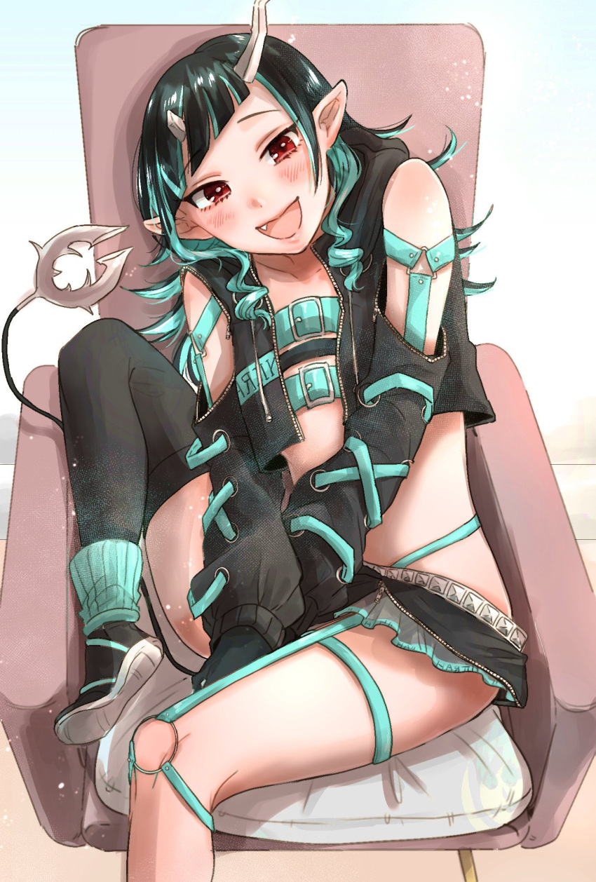 1girl armchair ayu_(sweetfish_man) bangs belt beltbra black_footwear black_gloves black_hair black_jacket black_legwear black_skirt blue_belt blue_hair blue_legwear blue_panties blush chair chest_belt clothing_cutout commentary_request cropped_jacket cross-laced_sleeves demon_girl demon_horns demon_tail fang flat_chest foot_out_of_frame gloves grey_skirt highleg highleg_panties highres horns jacket leg_up long_hair long_sleeves looking_at_viewer multicolored_hair open_clothes open_jacket open_mouth panties pointy_ears red_eyes shishio_chris shoes shoulder_cutout single_thighhigh sitting skirt smile sneakers socks solo sugar_lyric tail thighhighs two-tone_hair underwear virtual_youtuber white_background zipper zipper_skirt